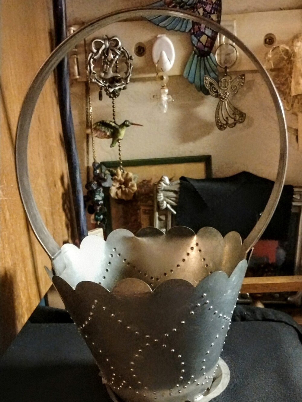 Vintage Punched Metal Bride Basket High Hoop Handle Scalloped Edge